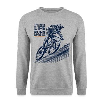 Fahrrad Abfahrt Retro The Best Life Runs Downhill - Unisex Pullover - Weißgrau meliert - Vorne - Alina (178cm) & Michal (187cm)