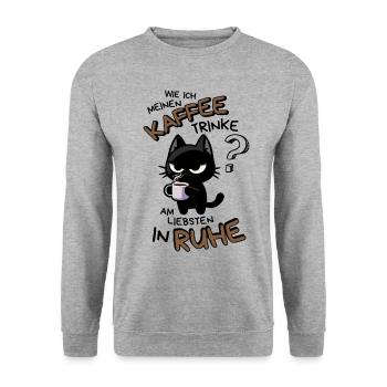 Kaffee und Ruhe – schwarze Katze am Limit - Unisex Pullover - Weißgrau meliert - Vorne - Alina (178cm) & Michal (187cm)