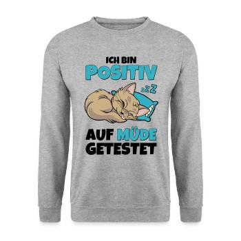 Ich bin positiv auf müde getestet – Katze - Unisex Pullover - Weißgrau meliert - Vorne - Alina (178cm) & Michal (187cm)