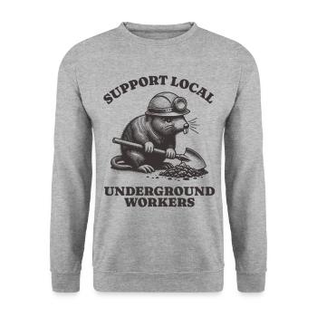 Support Local Underground Workers Lustiges Mole - Unisex Pullover - Weißgrau meliert - Vorne - Alina (178cm) & Michal (187cm)