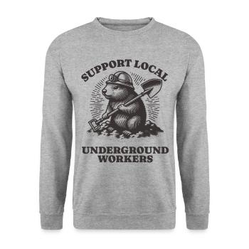 Support Local Underground Workers Lustiges Mole - Unisex Pullover - Weißgrau meliert - Vorne - Alina (178cm) & Michal (187cm)