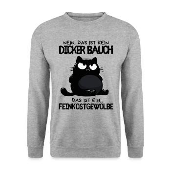 Feinkostgewölbe: Genervte schwarze Katze mit Bauch - Unisex Pullover - Weißgrau meliert - Vorne - Alina (178cm) & Michal (187cm)