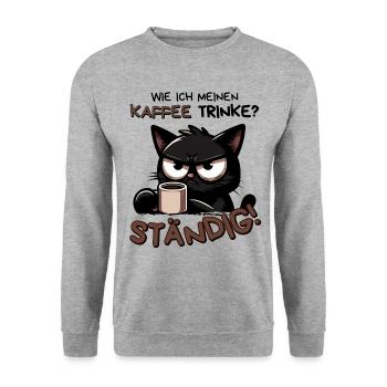 Kaffee. Ständig. Schwarze Katze mit Koffeinblick - Unisex Pullover - Weißgrau meliert - Vorne - Alina (178cm) & Michal (187cm)