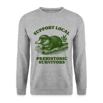 Support Local Prehistoric Survivors Platypus - Unisex Pullover - Weißgrau meliert - Vorne - Alina (178cm) & Michal (187cm)