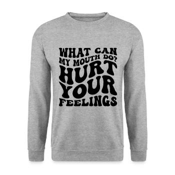 Was kann mein Mund tun, um deine Gefühle zu verletzen Sarkasmus - Unisex Pullover - Weißgrau meliert - Vorne - Alina (178cm) & Michal (187cm)
