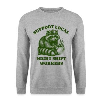 Support Local Night Shift Workers Lustiges Raccoon - Unisex Pullover - Weißgrau meliert - Vorne - Alina (178cm) & Michal (187cm)