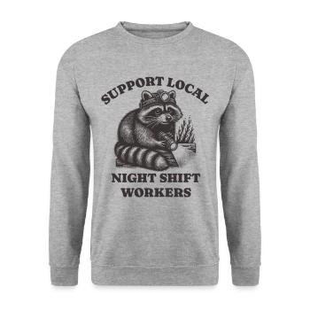 Support Local Night Shift Workers Lustiges Raccoon - Unisex Pullover - Weißgrau meliert - Vorne - Alina (178cm) & Michal (187cm)