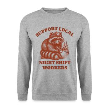 Support Local Night Shift Workers Lustiges Raccoon - Unisex Pullover - Weißgrau meliert - Vorne - Alina (178cm) & Michal (187cm)