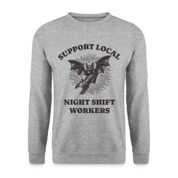 Support Local Night Shift Workers Lustiges Bat - Unisex Pullover - Weißgrau meliert - Vorne - Alina (178cm) & Michal (187cm)