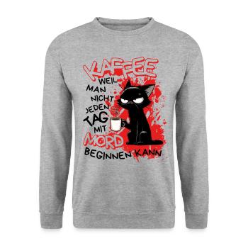 Kaffee kann Mord verhindern – Sarkastische Katze - Unisex Pullover - Weißgrau meliert - Vorne - Alina (178cm) & Michal (187cm)