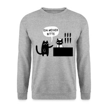 Ein Messer bitte – Schwarzer Humor mit Katze - Unisex Pullover - Weißgrau meliert - Vorne - Alina (178cm) & Michal (187cm)