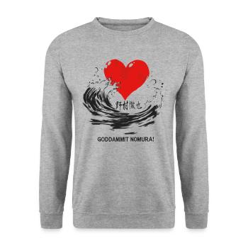 Goddammit Nomura – Herz und Welle Design - Unisex Pullover - Weißgrau meliert - Vorne - Alina (178cm) & Michal (187cm)