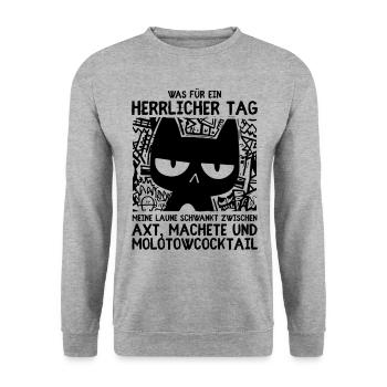 Minimalistische schwarze Katze mit Blick des Todes - Unisex Pullover - Weißgrau meliert - Vorne - Alina (178cm) & Michal (187cm)