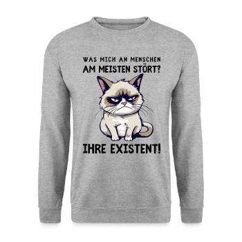 Deine Existenz - Mies gelaunte Katze mit Hassblick - Unisex Pullover - Weißgrau meliert - Vorne - Alina (178cm) & Michal (187cm)