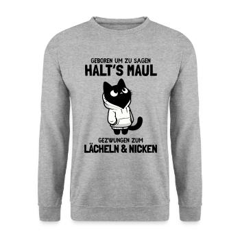 Halts Maul - Schwarze Katze mit weissem Hoodie - Unisex Pullover - Weißgrau meliert - Vorne - Alina (178cm) & Michal (187cm)