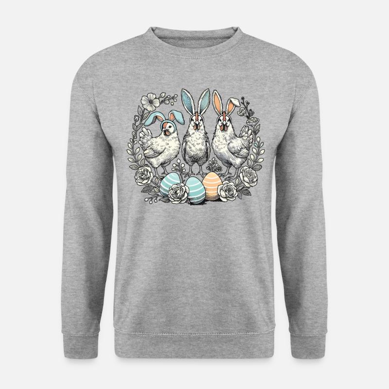 Ostern Hühner Mit Osterhasenohren Und Blumen - Unisex Pullover - Weißgrau meliert
