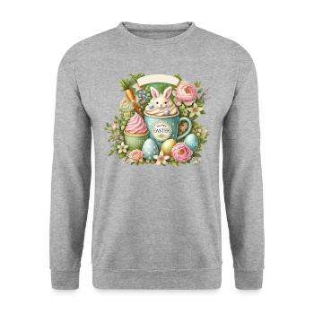 Osterhase Kaffeetasse Happy Easter - Unisex Pullover - Weißgrau meliert - Vorne - Alina (178cm) & Michal (187cm)