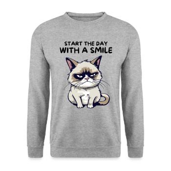 Start the Day with a Smile - Lustige Grumpy Katze - Unisex Pullover - Weißgrau meliert - Vorne - Alina (178cm) & Michal (187cm)