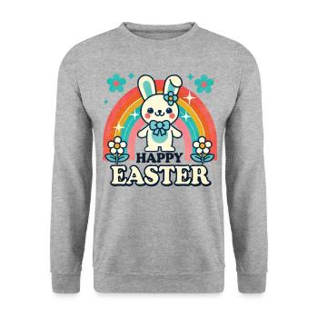 Ostern Bunter Retro Hase Happy Easter - Unisex Pullover - Weißgrau meliert - Vorne - Alina (178cm) & Michal (187cm)