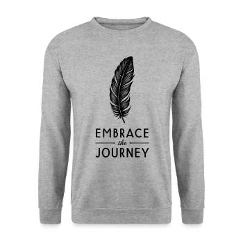 Feder Spruch Zitat Embrace the Journey - Unisex Pullover - Weißgrau meliert - Vorne - Alina (178cm) & Michal (187cm)
