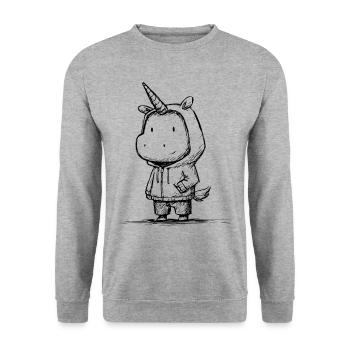 Kawaii Einhorn Cartoon Skizze – süß & magisch - Unisex Pullover - Weißgrau meliert - Vorne - Alina (178cm) & Michal (187cm)