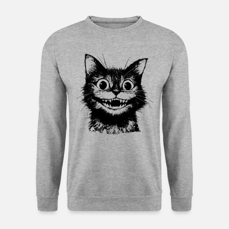 Süße schwarze Grinsekatze – lustiges Gothic Motiv - Unisex Pullover - Weißgrau meliert