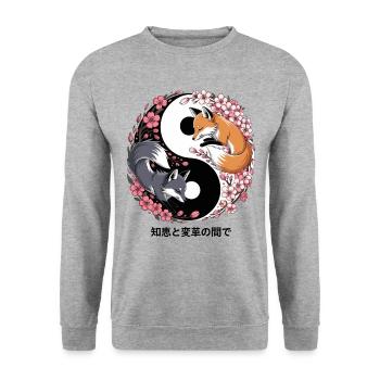 Kitsune Fuchs, Japanische Anime & Mythologie - Unisex Pullover - Weißgrau meliert - Vorne - Alina (178cm) & Michal (187cm)