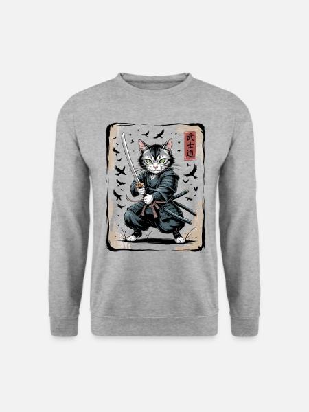Samurai Katze Vintage Ukiyo-e Krieger Kunst - Unisex Pullover - Weißgrau meliert