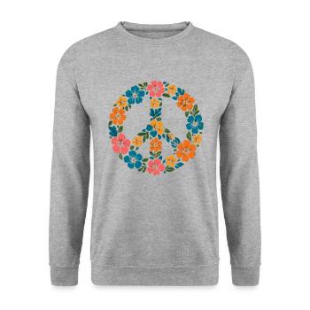 Peace Zeichen mit Blumen | Hippie Retro Stil - Unisex Pullover - Weißgrau meliert - Vorne - Alina (178cm) & Michal (187cm)