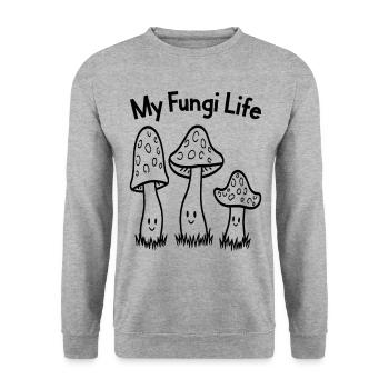 My Fungi Life - Lustige Pilze - Unisex Pullover - Weißgrau meliert - Vorne - Alina (178cm) & Michal (187cm)
