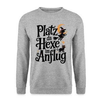 Platz da – Hexe im Anflug - Unisex Pullover - Weißgrau meliert - Vorne - Alina (178cm) & Michal (187cm)