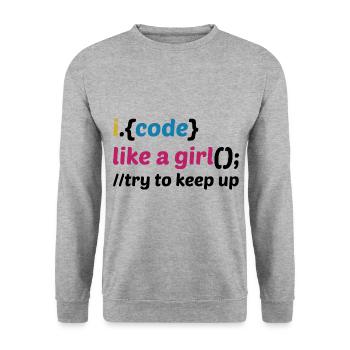 Code Like A Girl Coder Programmer Software Develop - Unisex Pullover - Weißgrau meliert - Vorne - Alina (178cm) & Michal (187cm)