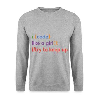I Code Like A Girl Try To Keep Up Coder Programmer - Unisex Pullover - Weißgrau meliert - Vorne - Alina (178cm) & Michal (187cm)