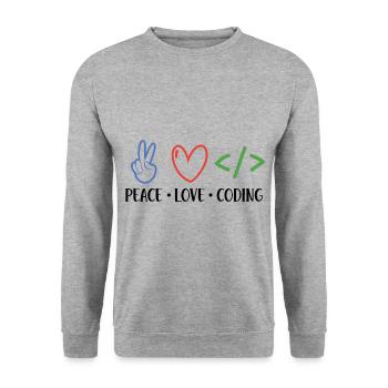 Peace Love Coding Coder Software Developer Program - Unisex Pullover - Weißgrau meliert - Vorne - Alina (178cm) & Michal (187cm)