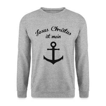 JESUS CHRISTUS IST MEIN ANKER CHRISTLICHE KLEIDUNG - Unisex Pullover - Weißgrau meliert - Vorne - Alina (178cm) & Michal (187cm)