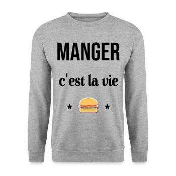 Manger c'est la vie Hamburger Humour - Sweat-shirt Unisexe - gris chiné - Devant - Alina (178cm) & Michal (187cm)