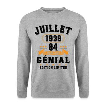 84 Ans Anniversaire Vintage Né(e) en Juillet 1938 - Sweat-shirt Unisexe - gris chiné - Devant - Alina (178cm) & Michal (187cm)
