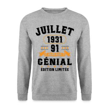 91 Ans Anniversaire Vintage Né(e) en Juillet 1931 - Sweat-shirt Unisexe - gris chiné - Devant - Alina (178cm) & Michal (187cm)