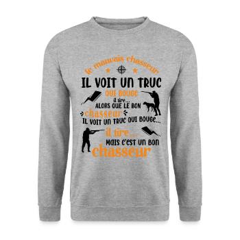 Bon Chasseur Humour Cadeau - Sweat-shirt Unisexe - gris chiné - Devant - Alina (178cm) & Michal (187cm)