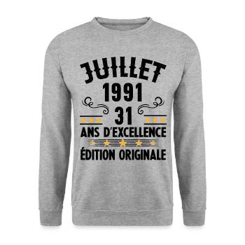 31 Ans Anniversaire Vintage Né(e) en Juillet 1991 - Sweat-shirt Unisexe - gris chiné - Devant - Alina (178cm) & Michal (187cm)