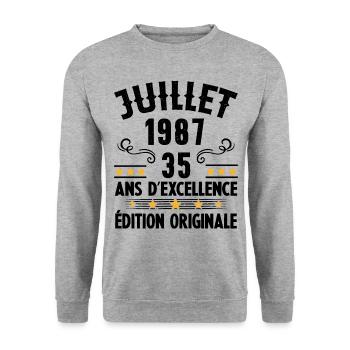 35 Ans Anniversaire Vintage Né(e) en Juillet 1987 - Sweat-shirt Unisexe - gris chiné - Devant - Alina (178cm) & Michal (187cm)