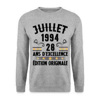28 Ans Anniversaire Vintage Né(e) en Juillet 1994 - Sweat-shirt Unisexe - gris chiné - Devant - Alina (178cm) & Michal (187cm)