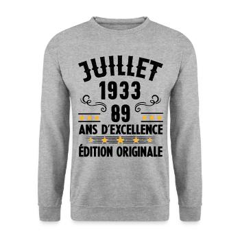 89 Ans Anniversaire Vintage Né(e) en Juillet 1933 - Sweat-shirt Unisexe - gris chiné - Devant - Alina (178cm) & Michal (187cm)