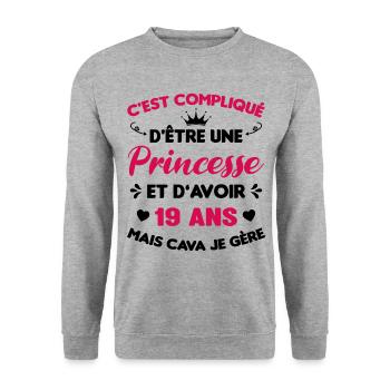 Princesse 19 Ans Anniversaire Idée Cadeau PinK - Sweat-shirt Unisexe - gris chiné - Devant - Alina (178cm) & Michal (187cm)