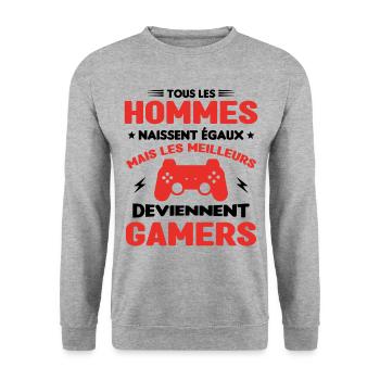 Tous Les Hommes Naissent Égaux - Meilleurs Gamers - Sweat-shirt Unisexe - gris chiné - Devant - Alina (178cm) & Michal (187cm)