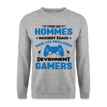 Tous Les Hommes Naissent Égaux - Meilleurs Gamers - Sweat-shirt Unisexe - gris chiné - Devant - Alina (178cm) & Michal (187cm)