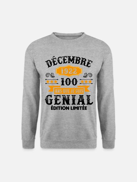 100 Ans Anniversaire Vintage En Décembre 1922 - Sweat-shirt Unisexe - gris chiné
