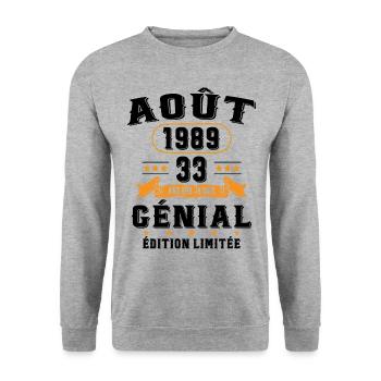 33 Ans Anniversaire Vintage Né(e) en Août 1989 - Sweat-shirt Unisexe - gris chiné - Devant - Alina (178cm) & Michal (187cm)