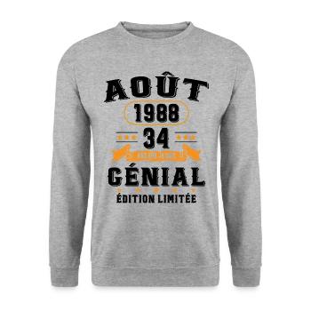 34 Ans Anniversaire Vintage Né(e) en Août 1988 - Sweat-shirt Unisexe - gris chiné - Devant - Alina (178cm) & Michal (187cm)