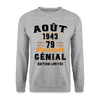 79 Ans Anniversaire Vintage Né(e) en Août 1943 - Sweat-shirt Unisexe - gris chiné - Devant - Alina (178cm) & Michal (187cm)